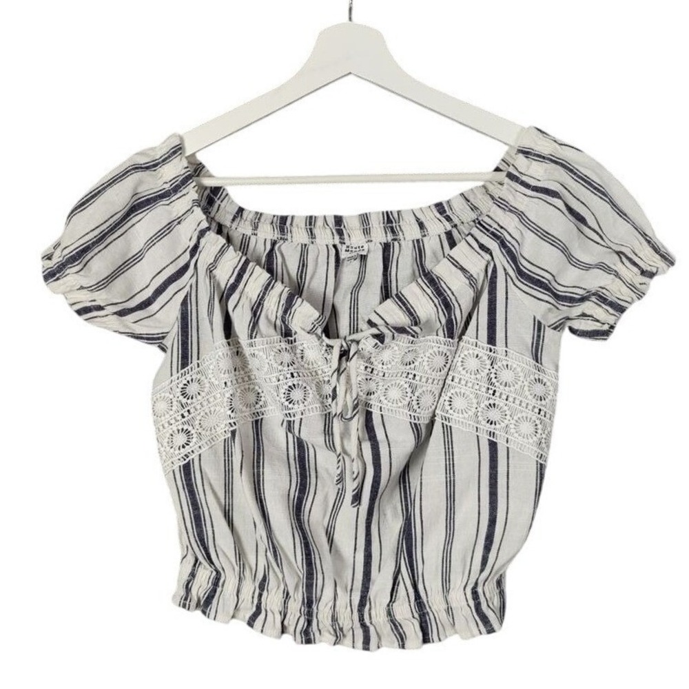 Haute Monde Women Milkmaid Cottagecore Beach Striped Crop Top L Linen Blend Lace